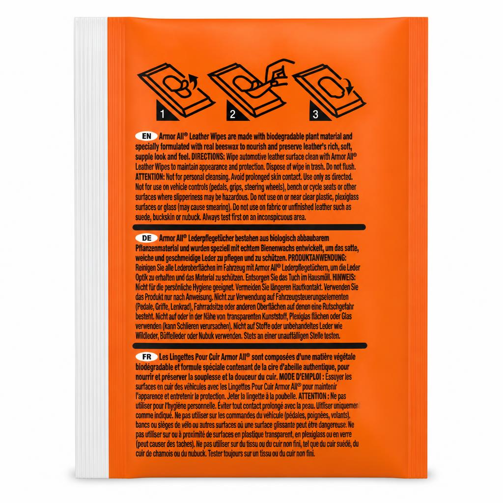 Instructions and product details on Armor All Leather Wipes packaging back view