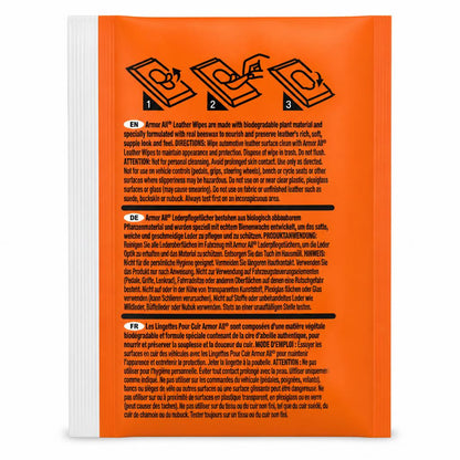 Instructions and product details on Armor All Leather Wipes packaging back view