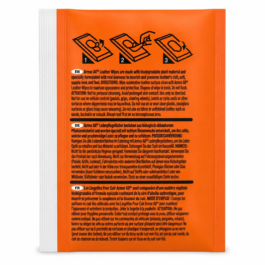 Instructions and product details on Armor All Leather Wipes packaging back view