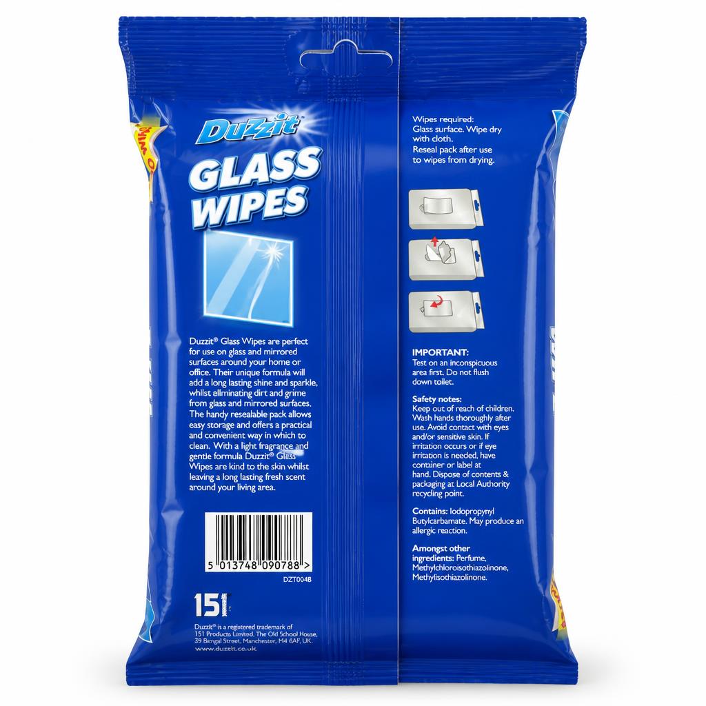 Duzzit Glass Wipes back packaging showing instructions and barcode