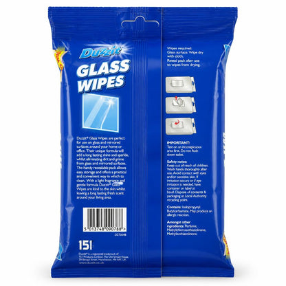 Duzzit Glass Wipes back packaging showing instructions and barcode