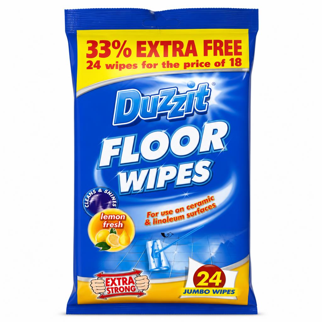 Duzzit Floor Wipes packaging front showing features and scent