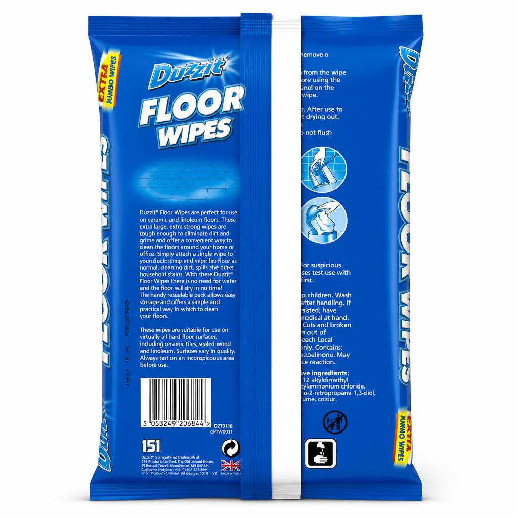 Duzzit Floor Wipes packaging back detailing usage and safety information