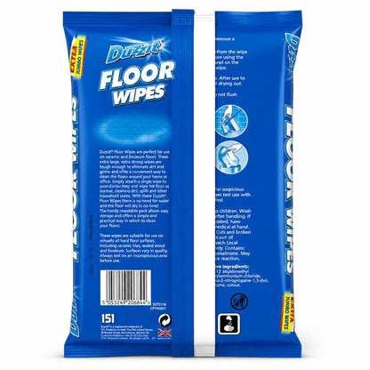 Duzzit Floor Wipes packaging back detailing usage and safety information