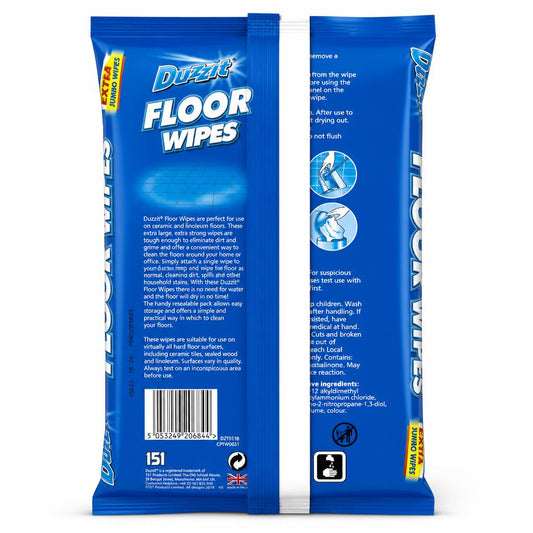 Duzzit Floor Wipes packaging back detailing usage and safety information