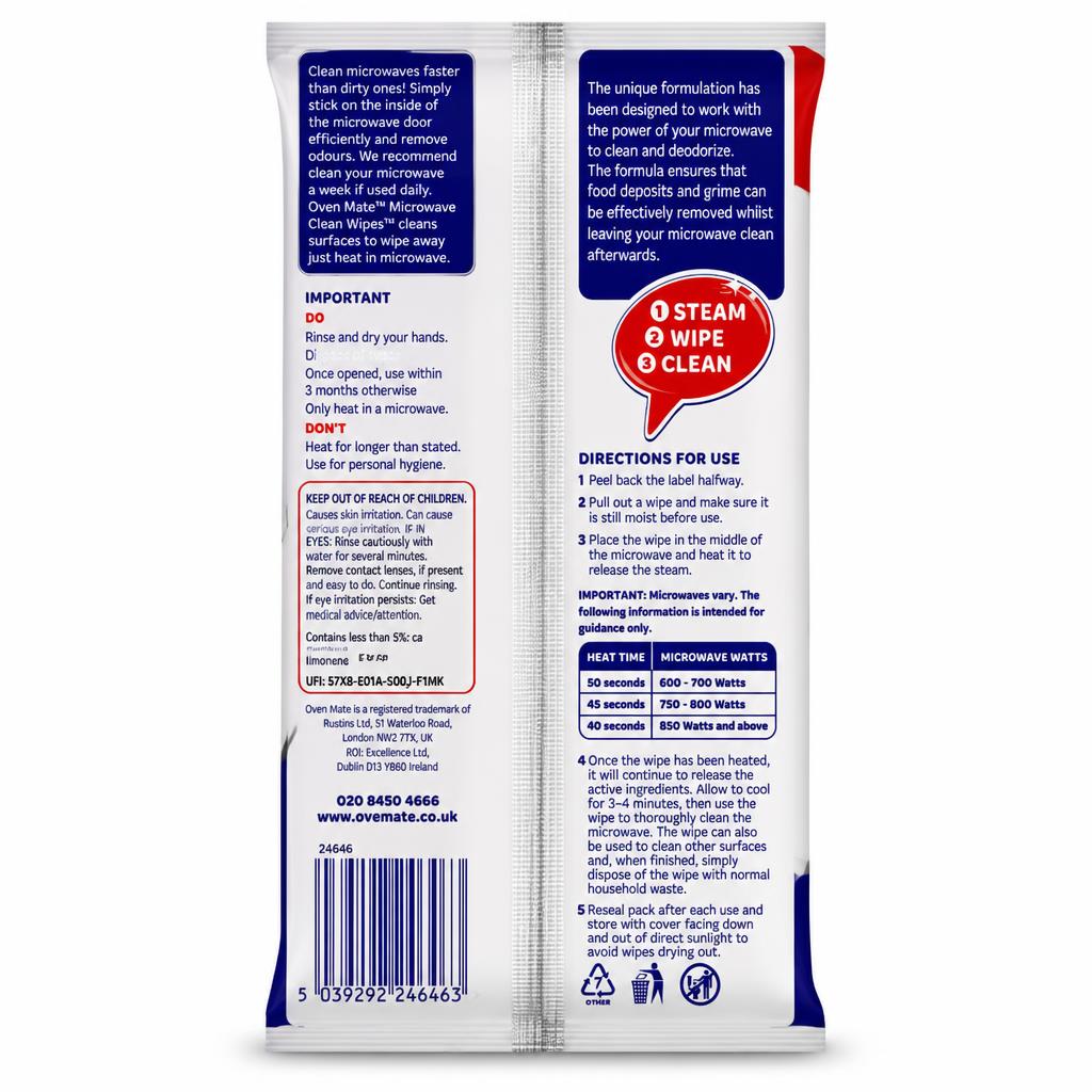 Back packaging of Oven Mate Microwave Steam Clean Wipes