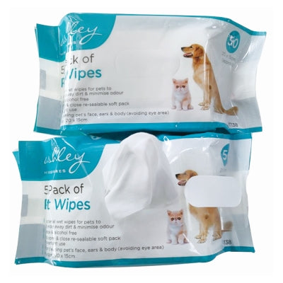 Ashley Antibacterial Fresh Pet Wipes 50 Pack with a dog and cat illustration