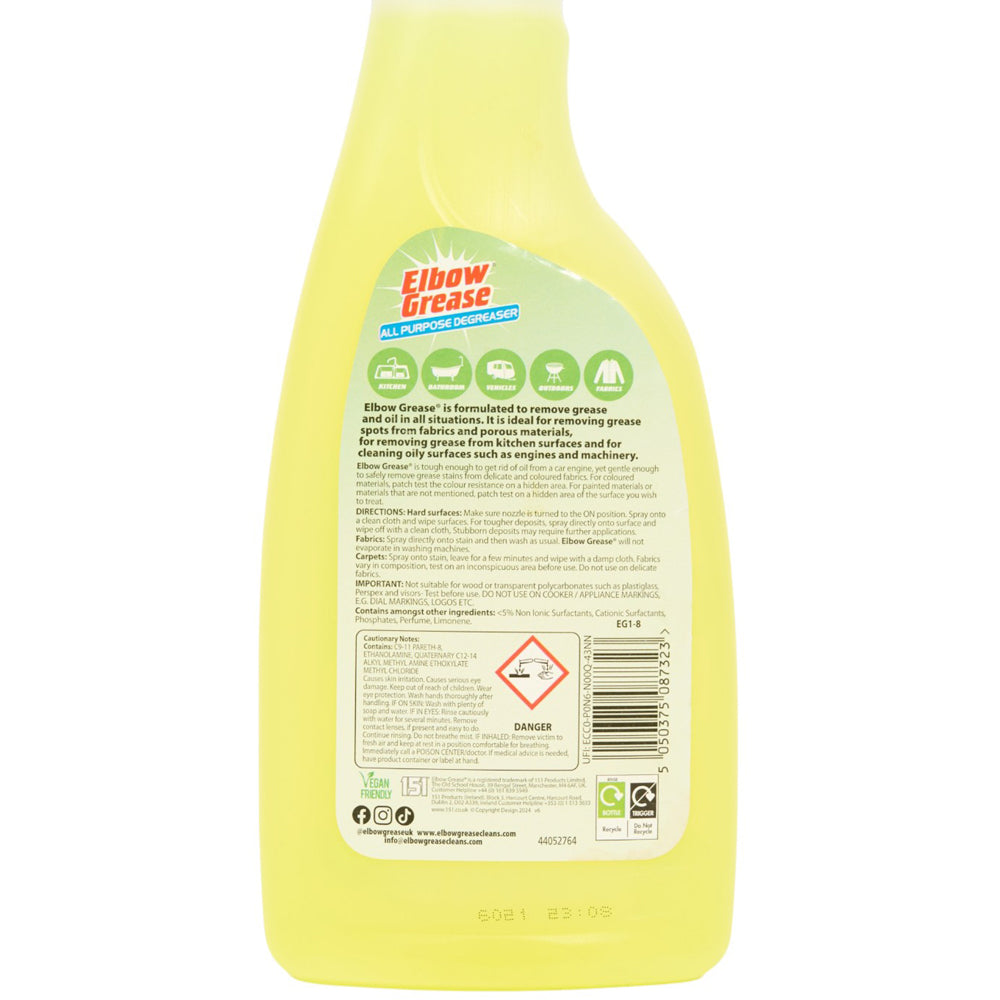 Back view showing information on Elbow Grease All Purpose Degreaser 500ml