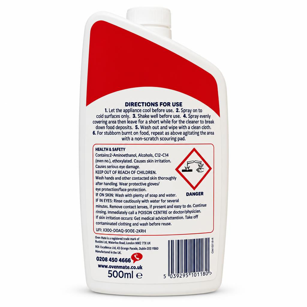 Back view with usage instructions of Oven Mate Air Fryer Foaming Cleaner 500ml