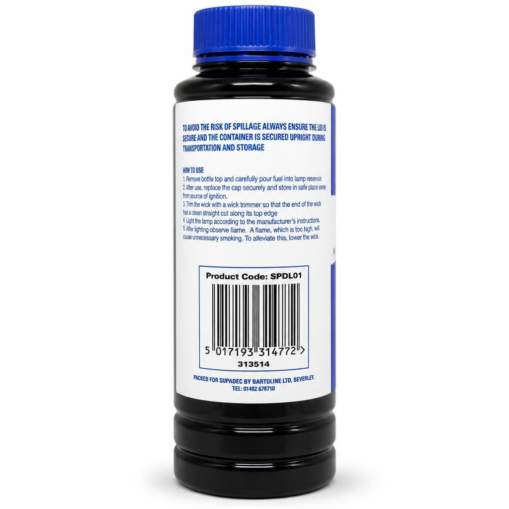 SupaDec Lamp Oil instructions and barcode