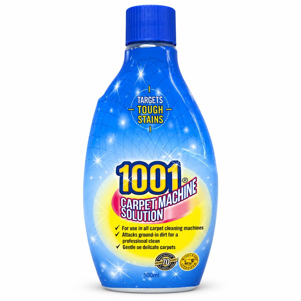 Front view of 1001 Carpet Machine Solution 500ml bottle targeting tough stains