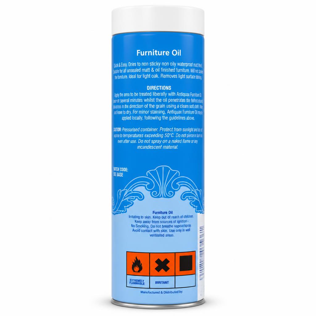 Antiquax Furniture Oil back packaging with safety instructions