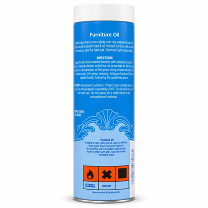 Antiquax Furniture Oil back packaging with safety instructions