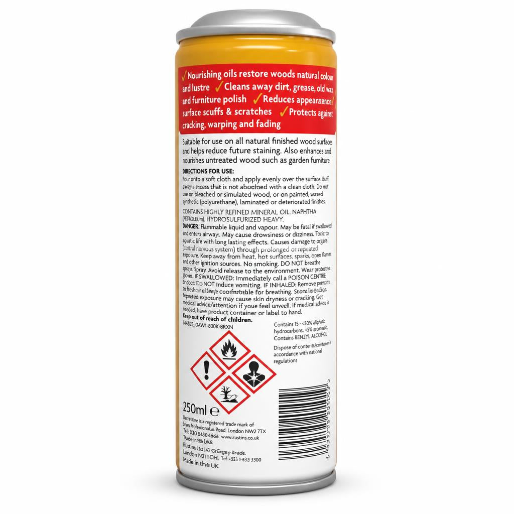 Back label of Liquid Gold Wood Reviver showing instructions and safety warnings