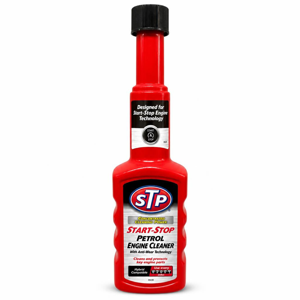 Front view of STP Start-Stop Petrol Engine Cleaner bottle