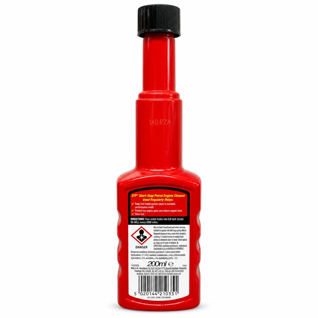 Back view of STP Start-Stop Petrol Engine Cleaner bottle