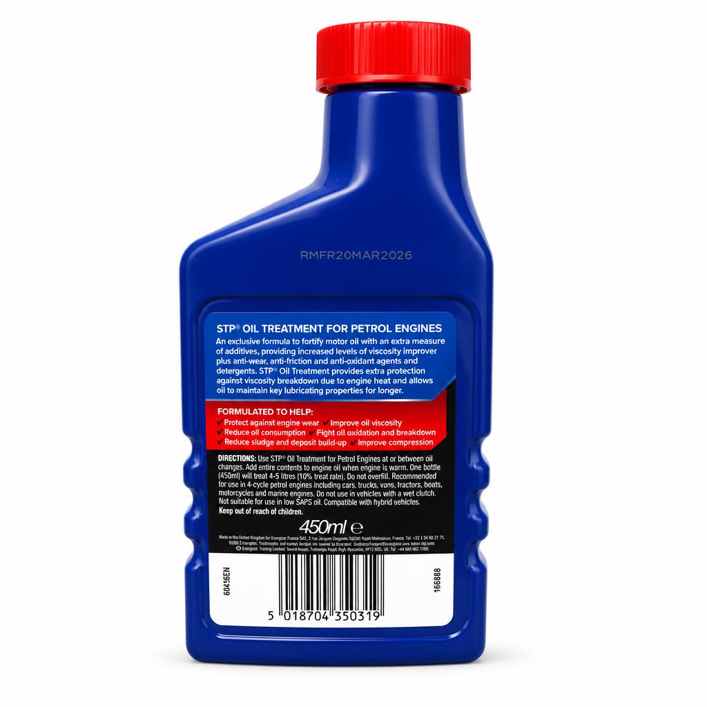 Back view of STP Oil Treatment bottle with instructions
