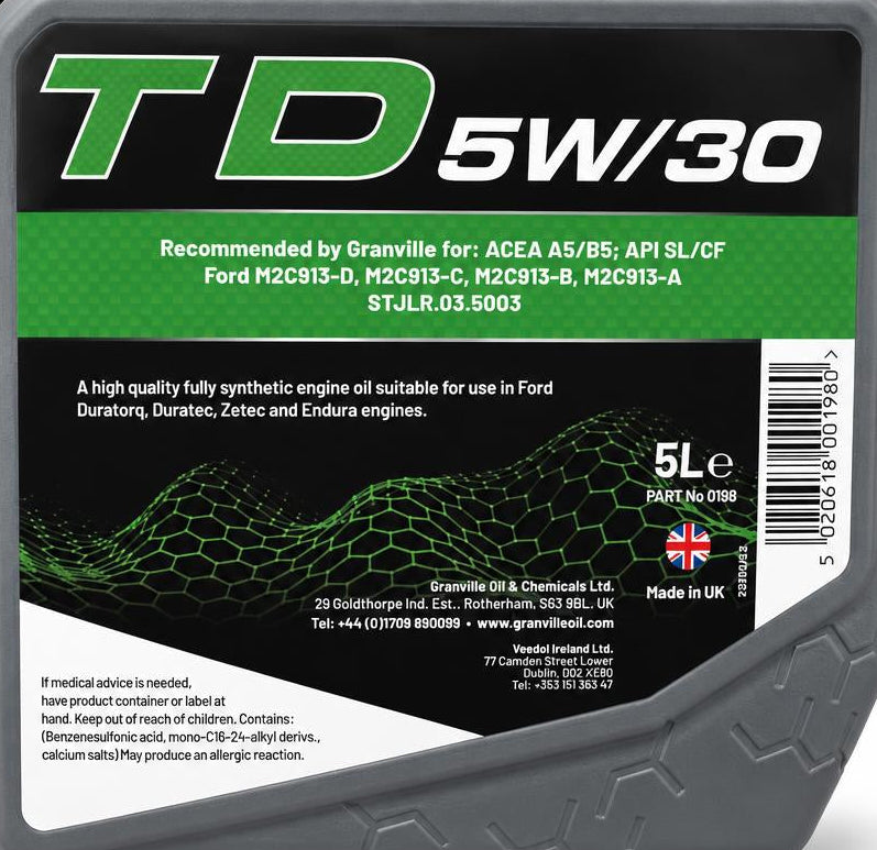 Granville Hypalube FD 5W/30 Fully Synthetic Oil barcode and details