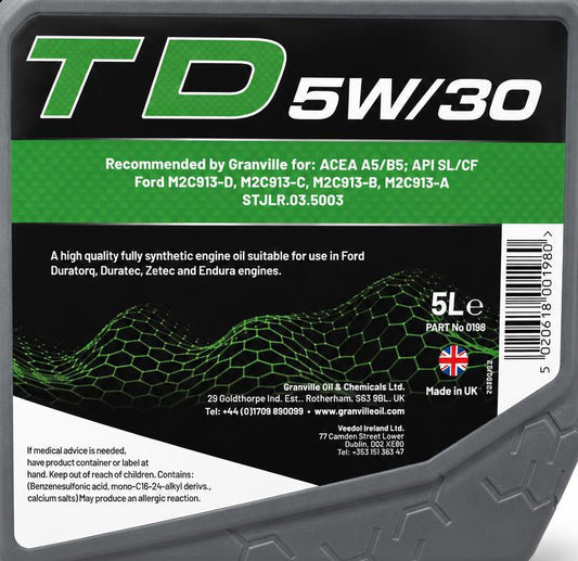 Granville Hypalube FD 5W/30 Fully Synthetic Oil barcode and details