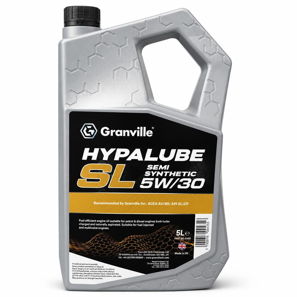 Front view of Granville Hypalube SL 5W/30 semi synthetic engine oil container