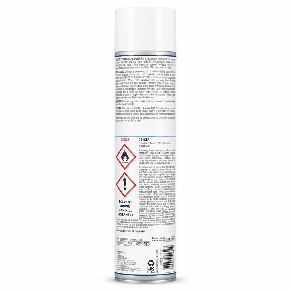 Auto Extreme Rapid De-Icer 750ml can back view with warnings