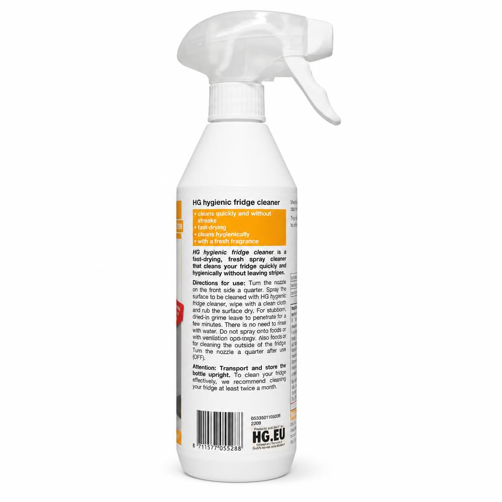 HG Hygienic Fridge Cleaner 500ml bottle back with instructions