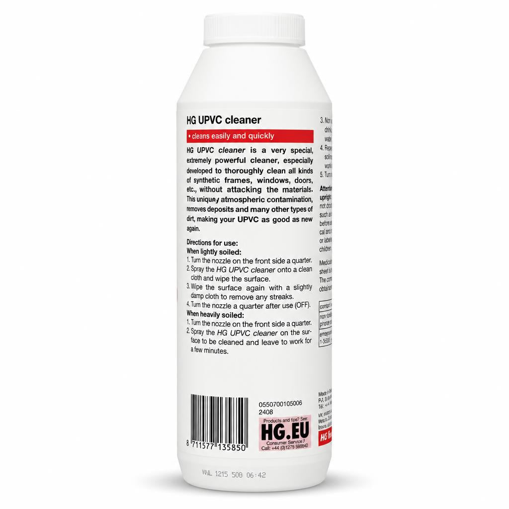 Back label of HG UPVC Cleaner showing usage instructions