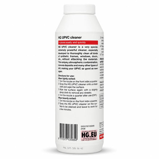 Back label of HG UPVC Cleaner showing usage instructions