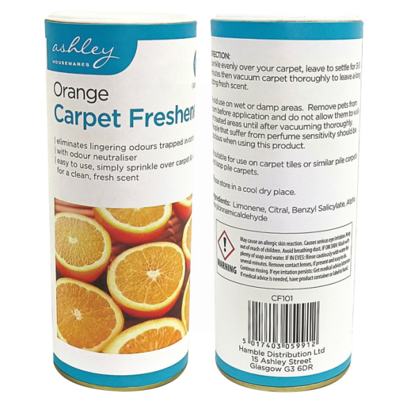 Ashley Orange Carpet Freshener packaging back view