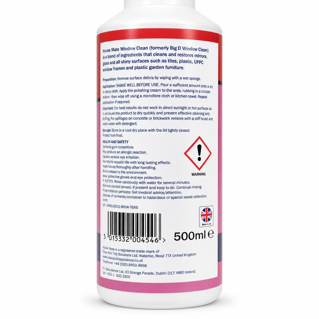 House Mate Window Clean Polishing Cream back packaging with instructions and barcode