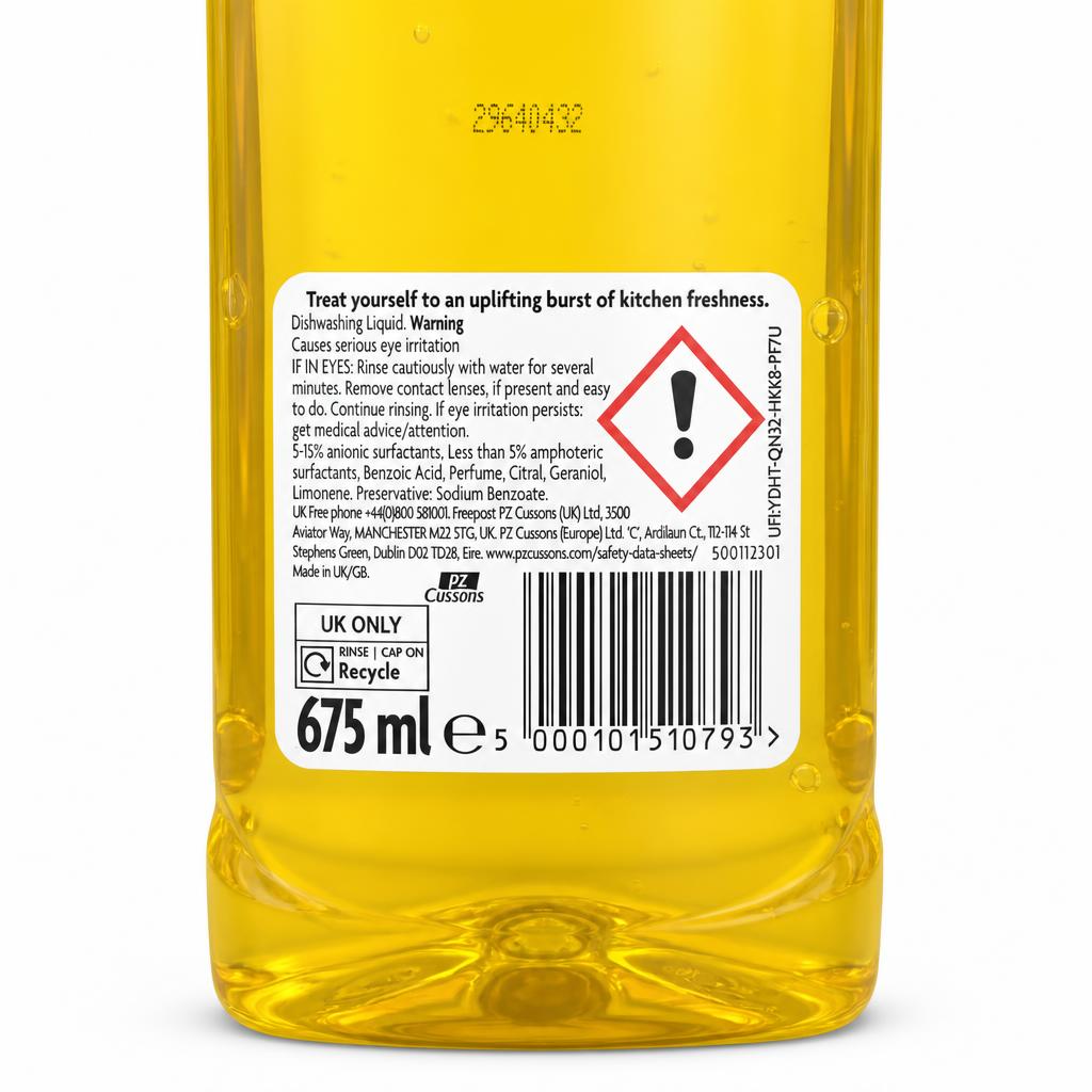 Back label of Cussons Morning Fresh Lemon Fresh Dishwash Liquid 675ml