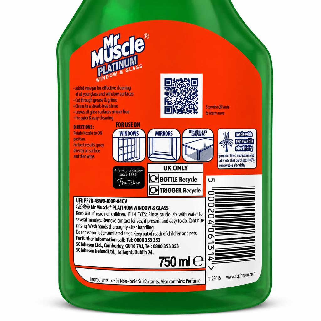 Back of Mr Muscle Platinum Window & Glass Cleaner showing details