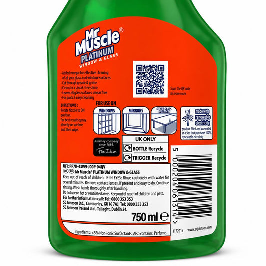 Back of Mr Muscle Platinum Window & Glass Cleaner showing details