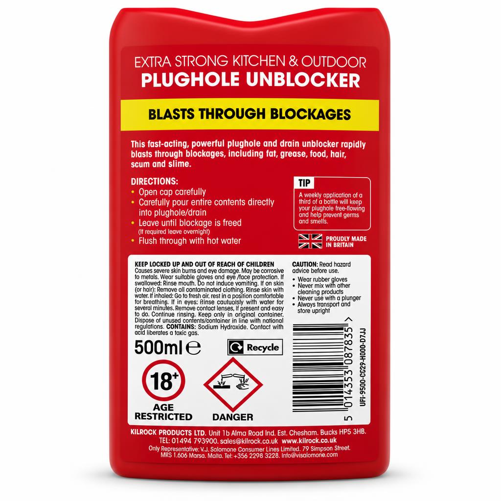 Kilrock Extra Strong Plughole Unblocker bottle back view