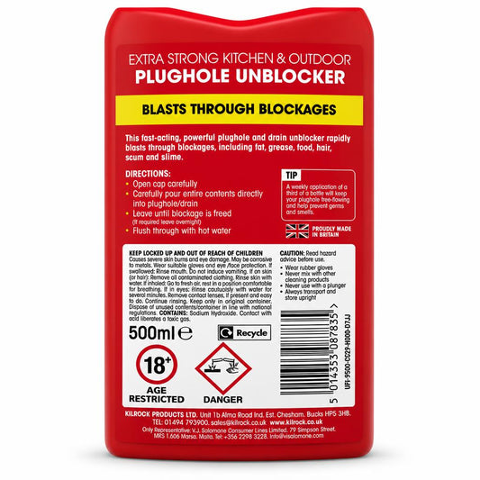 Kilrock Extra Strong Plughole Unblocker bottle back view