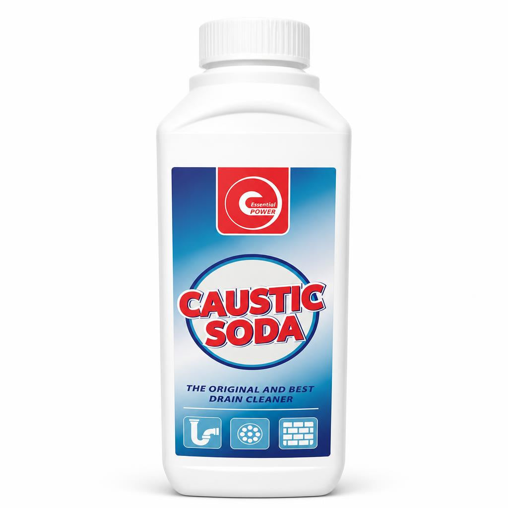 Front view of Essential Power Caustic Soda packaging