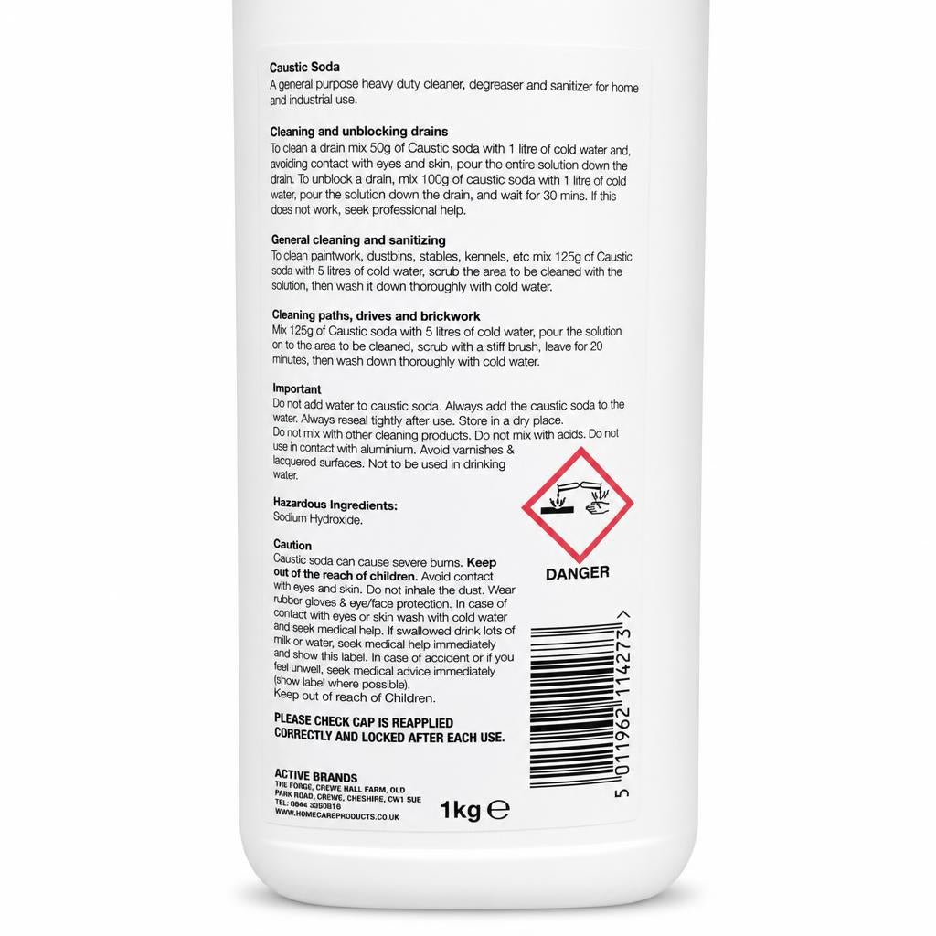 Back view of Essential Power Caustic Soda packaging with instructions and warnings.