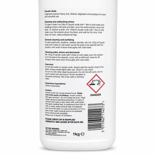 Back view of Essential Power Caustic Soda packaging with instructions and warnings.