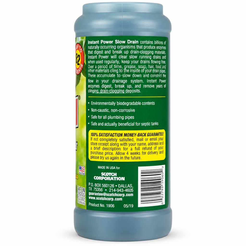 Back label of Instant Power Slow Drain with detailed instructions
