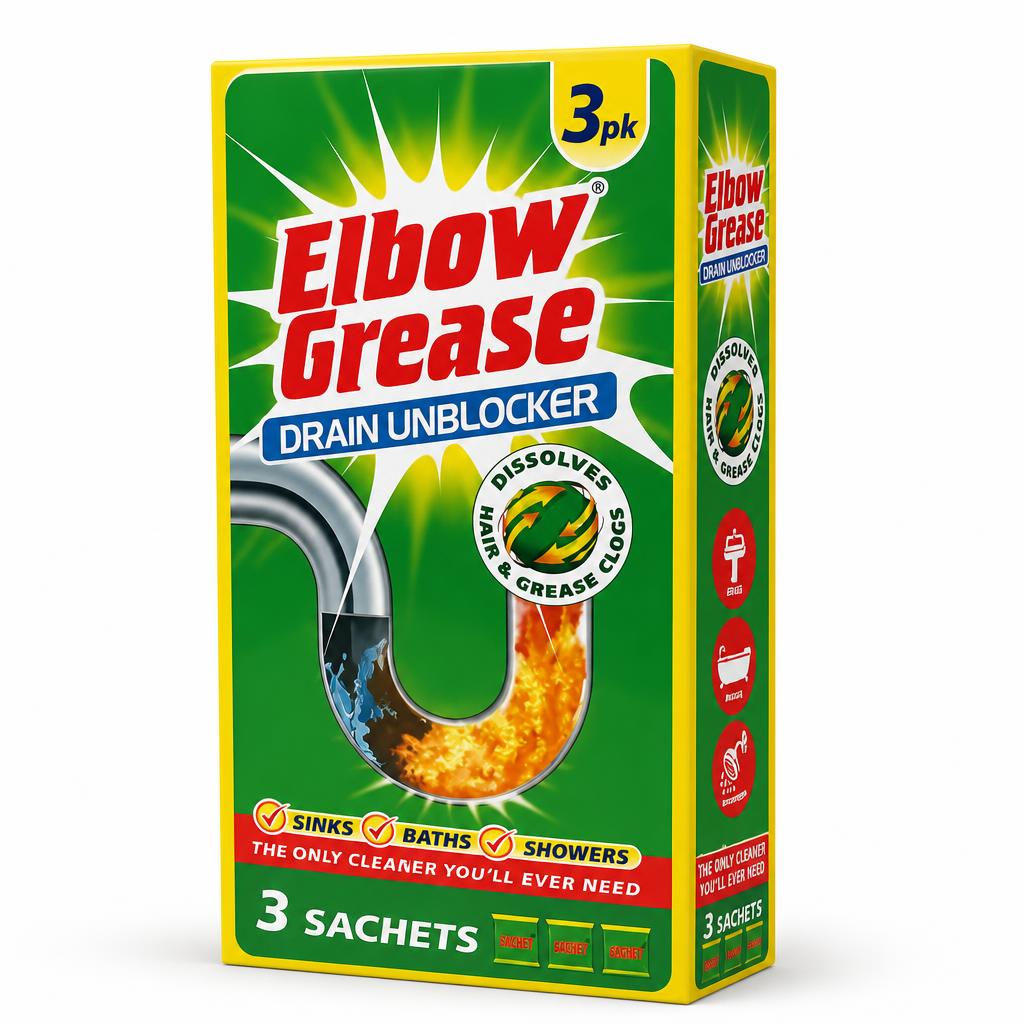 Front view of Elbow Grease Drain Unblocker packaging
