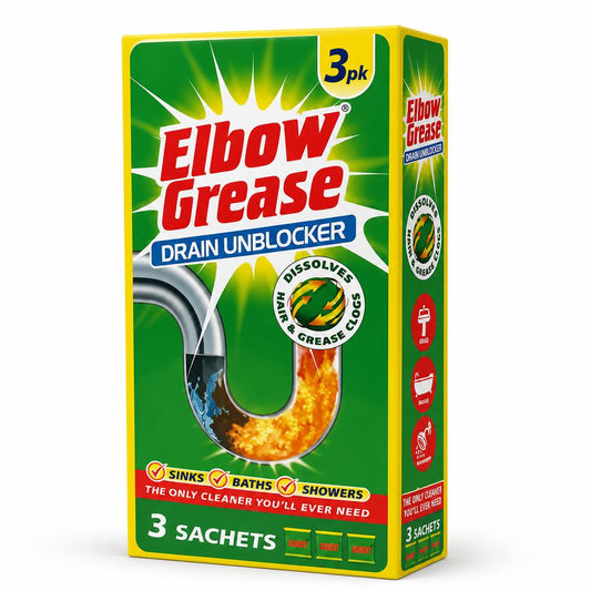 Front view of Elbow Grease Drain Unblocker packaging