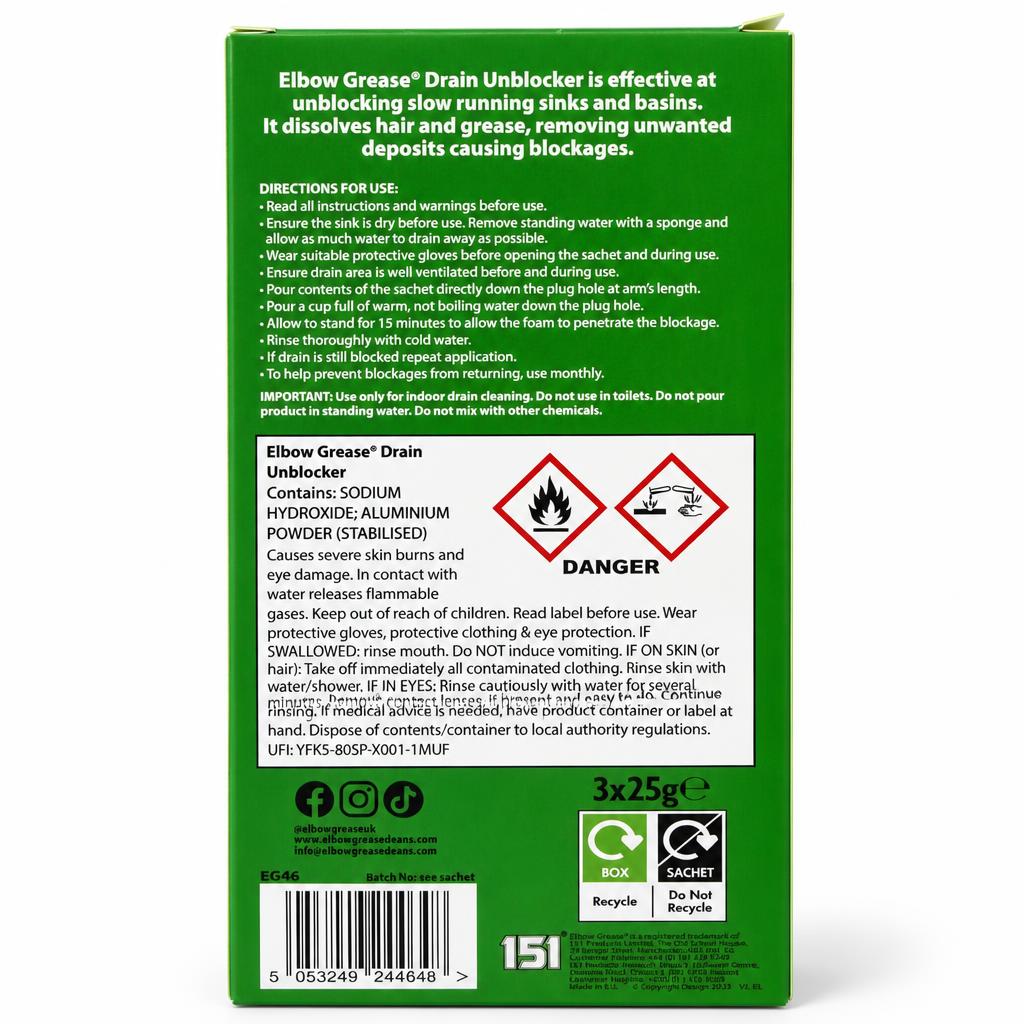 Back view of Elbow Grease Drain Unblocker with instructions and safety warnings