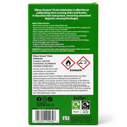 Back view of Elbow Grease Drain Unblocker with instructions and safety warnings