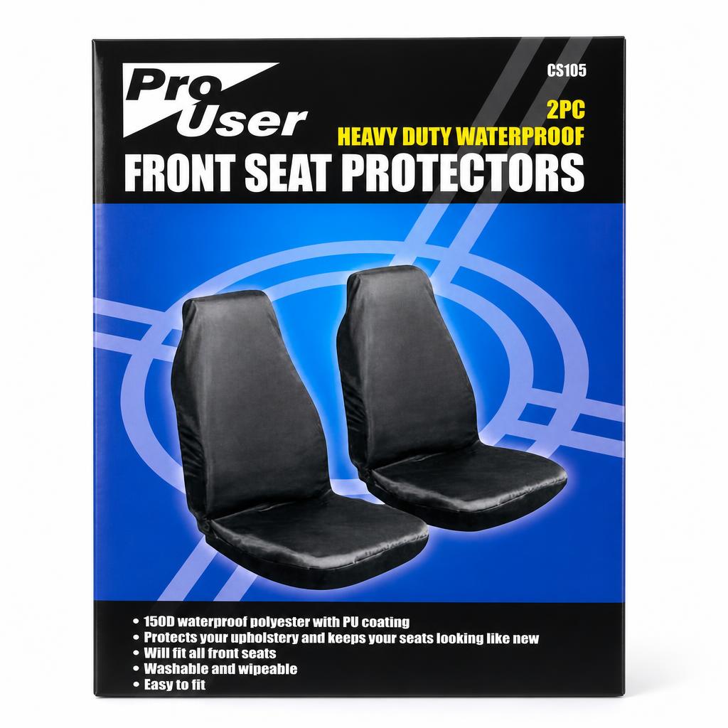 Pro User Front Seat Protectors displayed packaging