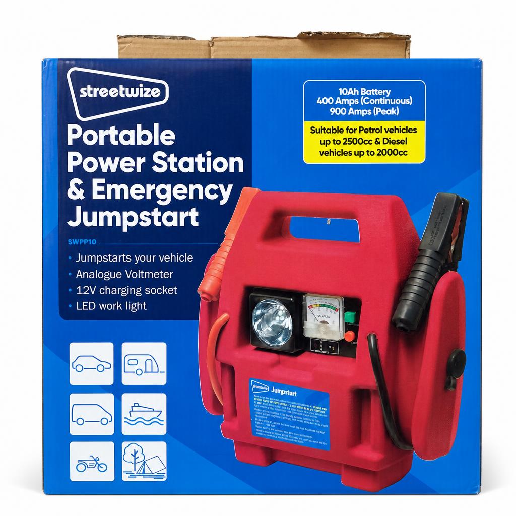 Front packaging of Streetwize Portable Power Station with details
