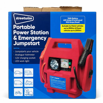Front packaging of Streetwize Portable Power Station with details