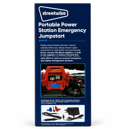 Side view packaging of Streetwize Portable Power Station and included adapters