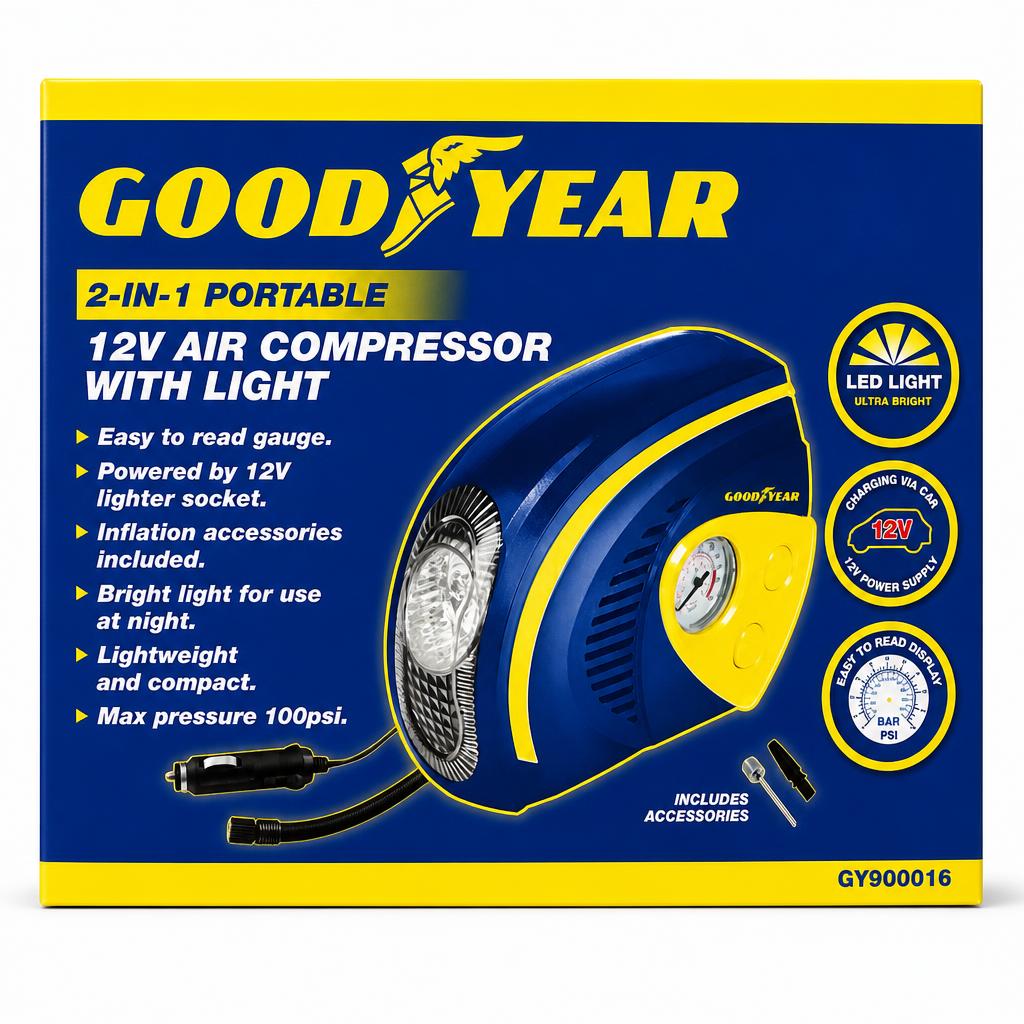 Goodyear 2-in-1 Portable 12V Air Compressor Box Front