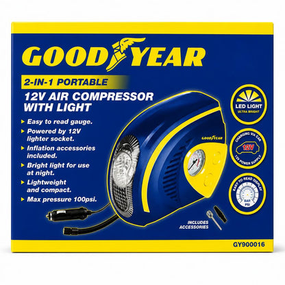 Goodyear 2-in-1 Portable 12V Air Compressor Box Front