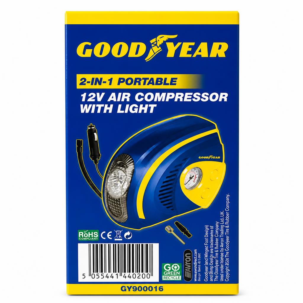 Goodyear 2-in-1 Portable 12V Air Compressor Box Side with Barcode
